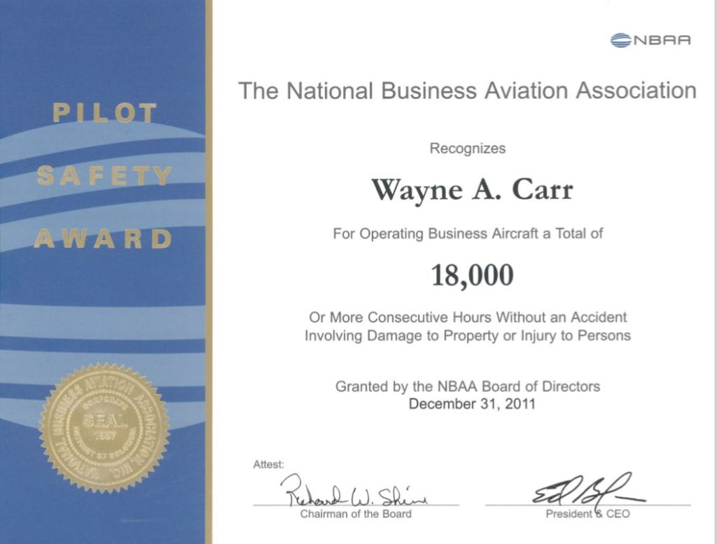 NBAA Wayne Carr Flight Hours Award
