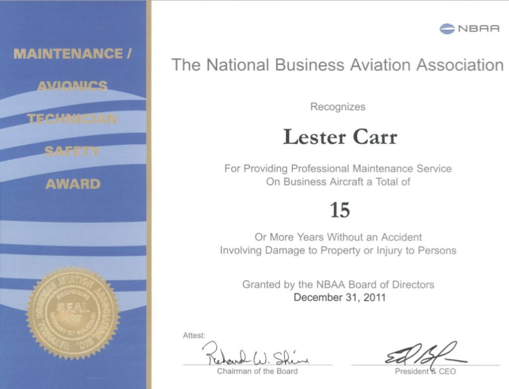 NBAA Lester Carr Service Years Award